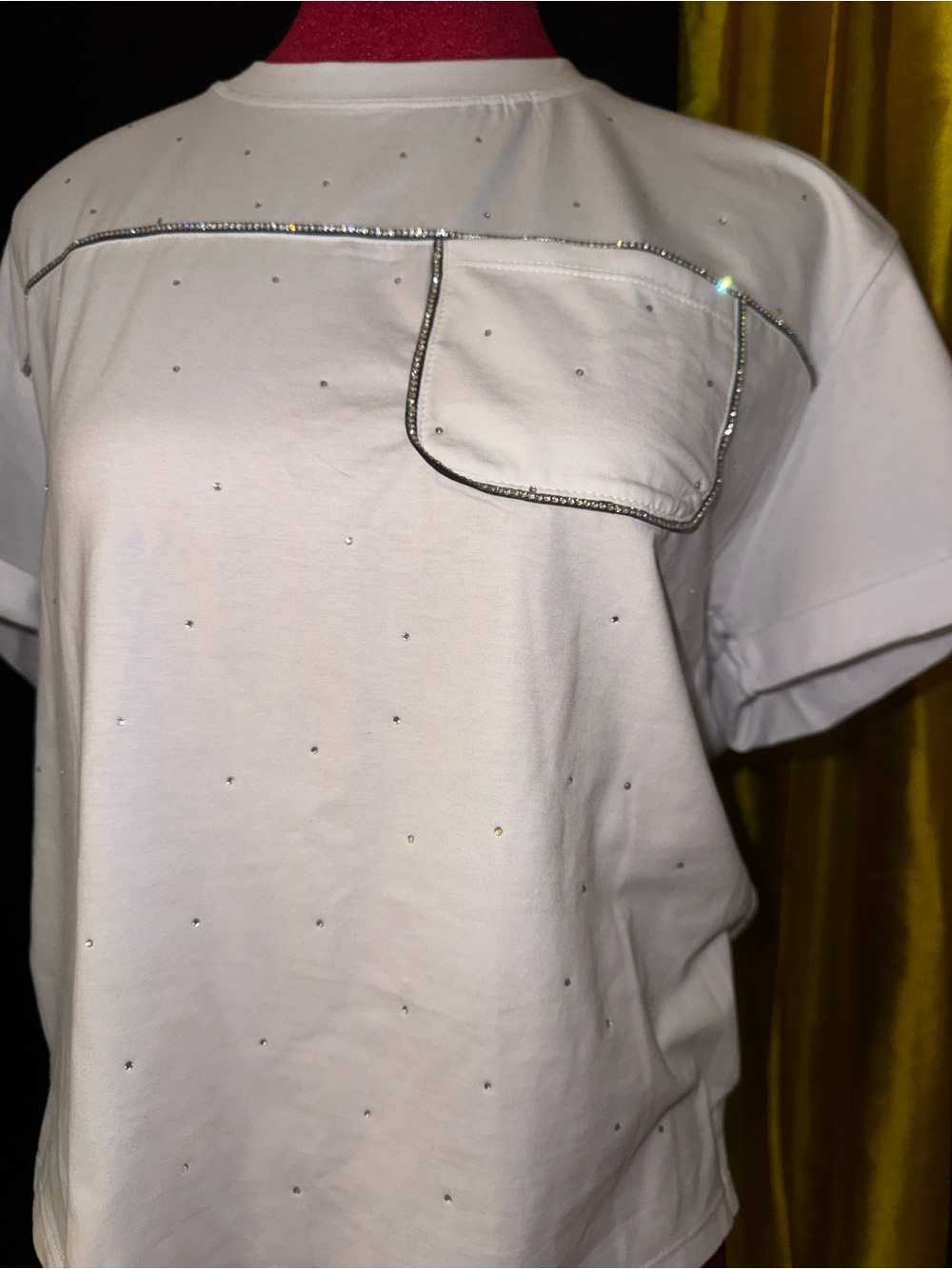 Women’s White Rhinestone-Trim Pocket Tee